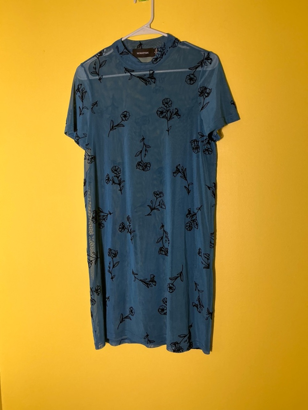 Y2K MINKPINK Sheer Teal Floral Mini Dress Small, Velvet Floral Detail